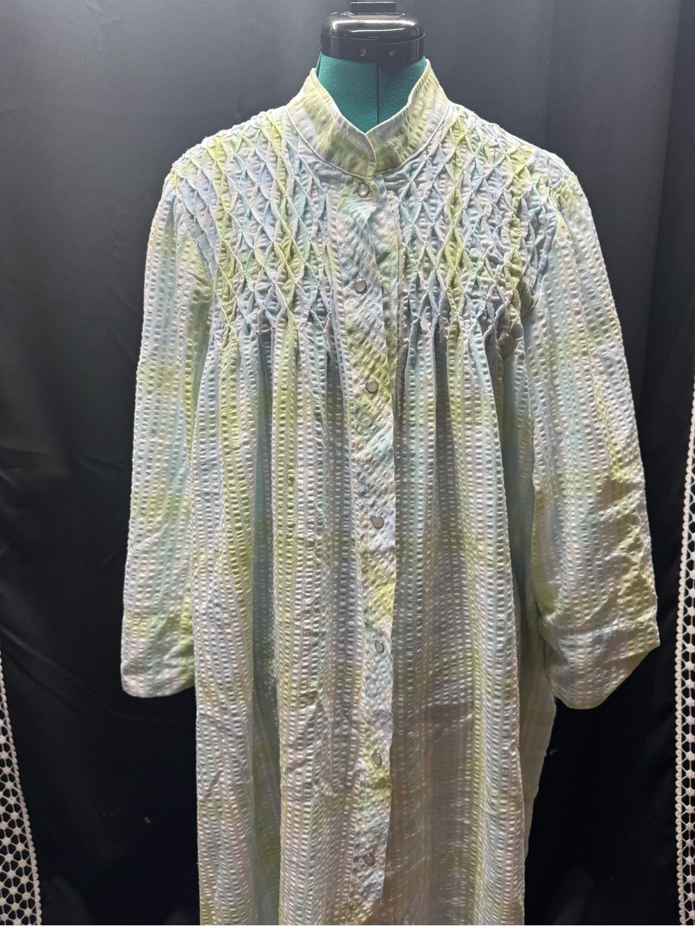 Source Unknown Light Blue and Pale Green Textured Smocked Nightgown Robe